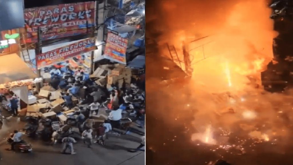 पटाखे की दुकान में भीषण आग ,8 गाड़ियां जलकर हुई खाक ।